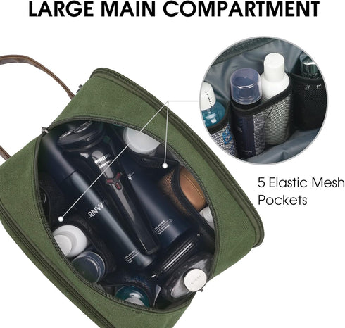 WANDF Travel Toiletry Bag for Men, Leather and Canvas Dopp Kit, Small Bathroom Bag for Travel Accessories (Green)