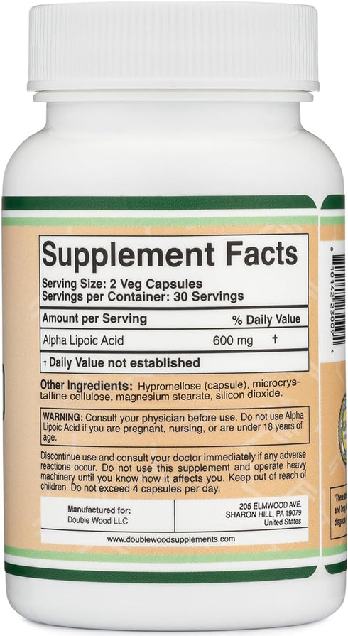 Alpha Lipoic Acid 600mg, 60 Capsules, Potent Antioxidant for Neuropathy and Cardiovascular Health (ALA Supplement)