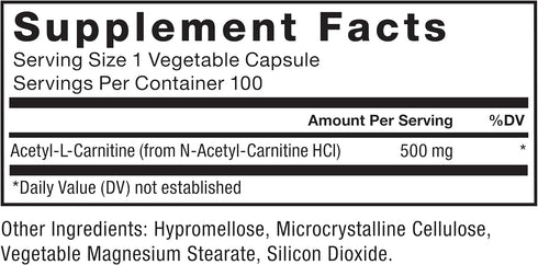 Force Factor Acetyl L-Carnitine Brain Supplement, 500mg Nerve Support & Cellular Energy Booster, Vegan, 100 Vegetable