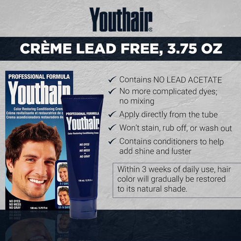 Youthair Crème Hair Color Restoring Conditioning Formula for Gray Hair Coverage, 3.75 oz, Made in USA