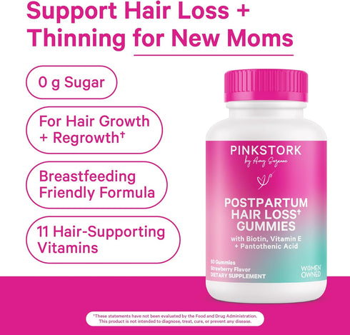 Pink Stork Postpartum Hair Loss Gummies, Biotin with Vitamin E, Postpartum Essentials for New Moms, 60 Gummy Vitamins