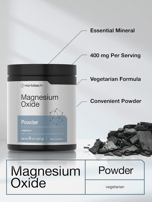 Horbaeach Magnesium Oxide Powder | 400mg | 8 Ounces (227 g) | Vegetarian, Gluten Free, Non-GMO Supplement