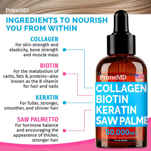 Liquid Collagen Peptides for Women - Complex with Biotin Vitamin, Hydrolyzed Keratin Protein and Saw Palmetto - Comprehensive Formula for Hair, Skin, and Nails Wellness - 2fl oz (Pack of 1)