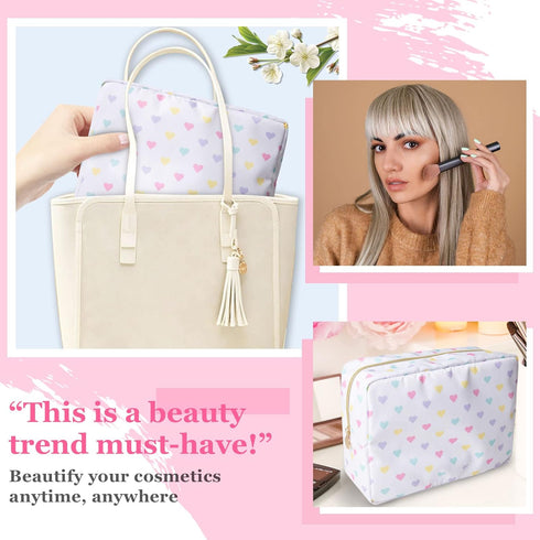 Nylon Large Makeup Bag, Travel Cosmetic Pouch, Waterproof Toiletry Bag for Women, Cute White-Heart Design