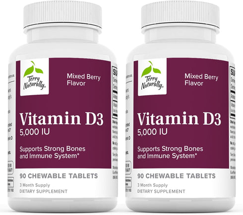 Terry Naturally Vitamin D3 5,000 IU, 90 Chewable Tablets, Mixed Berry Flavor, Supports Strong Bones & Immune System