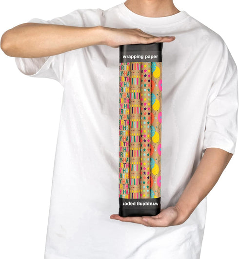 RUSPEPA Mini Kraft Wrapping Paper Rolls, 4 Rolls, 17 inches x 10 feet per Roll, Colorful Birthday Gift Wrap