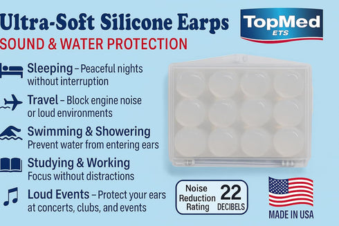 Top Med Soft Silicone Earplugs Value Pack, 6 Pairs Moldable Putty Ear Plugs for Sleeping, Snoring, Travel
