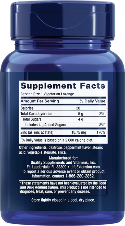 Life Extension Enhanced Zinc Lozenges, zinc acetate, optimal immune support, strong immune response, ionic zinc, non-GMO, gluten-free, vegetarian, 30 lozenges