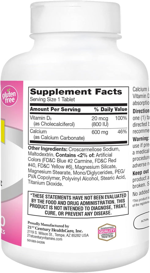 21st Century Calcium Plus D Supplement Tablet, 400 Count, 600 mg
