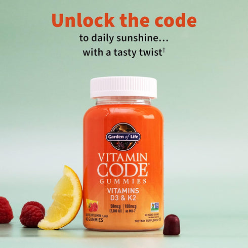 Garden of Life Vitamin D3+K2 Gummies - 45 Raspberry Lemon Gummies, 2000 IU D3 & 100mcg K2 for Bone Health
