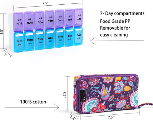 zumd 2 7 Weekly Pill Organizer Times a Day, Pill Box Day with Cute Quilted Fabric Zipper Case, Travel Pill Case Am Pm