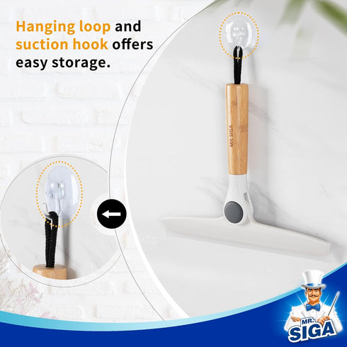 MR.SIGA All Purpose Silicone Squeegee for Shower Door, Streak Free with Bamboo Handle and Suction Hook