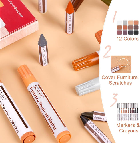 DEWEL 12 Colors Wood Furniture Markers & Filler Sticks Repair Kit - Touch Up Markers for Damaged Wooden Surfaces