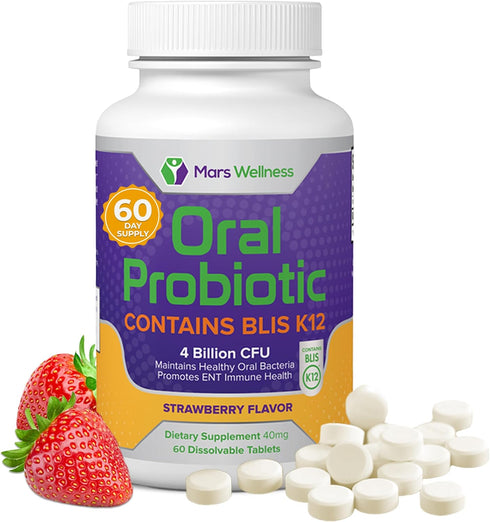 Oral Probiotic Supplement with BLIS K12, 4 Billion CFU, Dairy Free, 60 Count for Dental Health