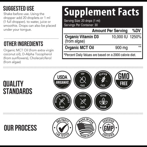 Organic Vitamin D3 10,000 IU, 30 Servings - Plant D3, Vegan, Max Strength Sublingual Liquid D3 Drops, 200% Higher