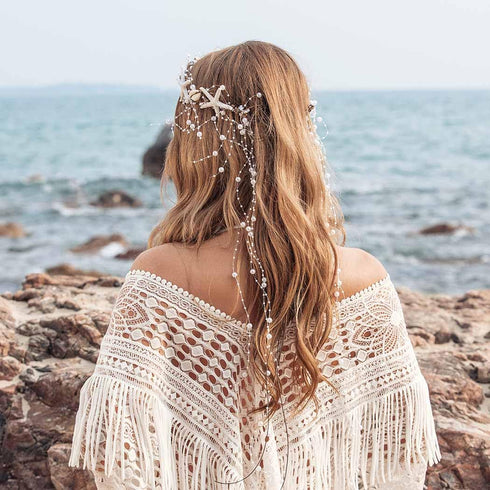 Unicra Starfish Headband, Pearl Bride Wedding Hair Vine, Beach Hair Accessories for Women and Girls (White Brown)