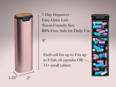 Heraphus 7 Day Pills Organizer Stylish Aluminum and Wood Weekly Pill Box for Medicine, Vitamins, and Supplements.