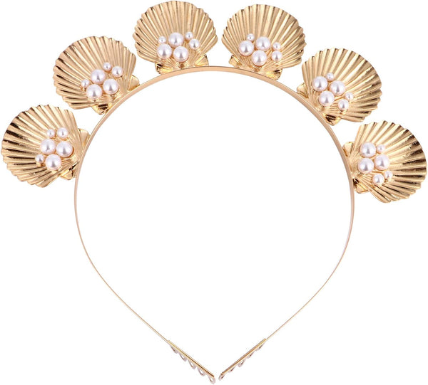 Minkissy Gold Seashell Crown Tiara with Comb, Shell Pearl Headband for Women Girls Wedding