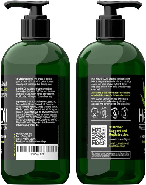 Skinsations Hemp Massage Oil & Sore Muscle Rub, 100% Organic with 10 Essential Oils