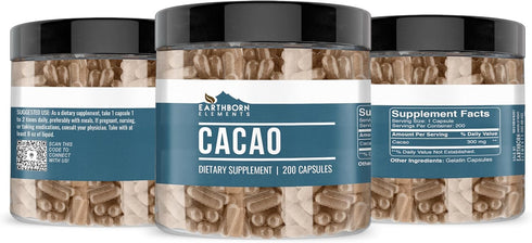 Earthborn Elements Cacao (Cocoa) 200 Capsules, Pure & Undiluted with No Additives