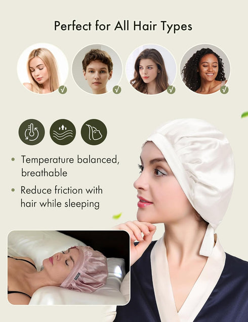 LILYSILK 100% Mulberry Silk Bonnet, 19 Momme Adjustable Night Sleep Cap for Sleeping, Ivory
