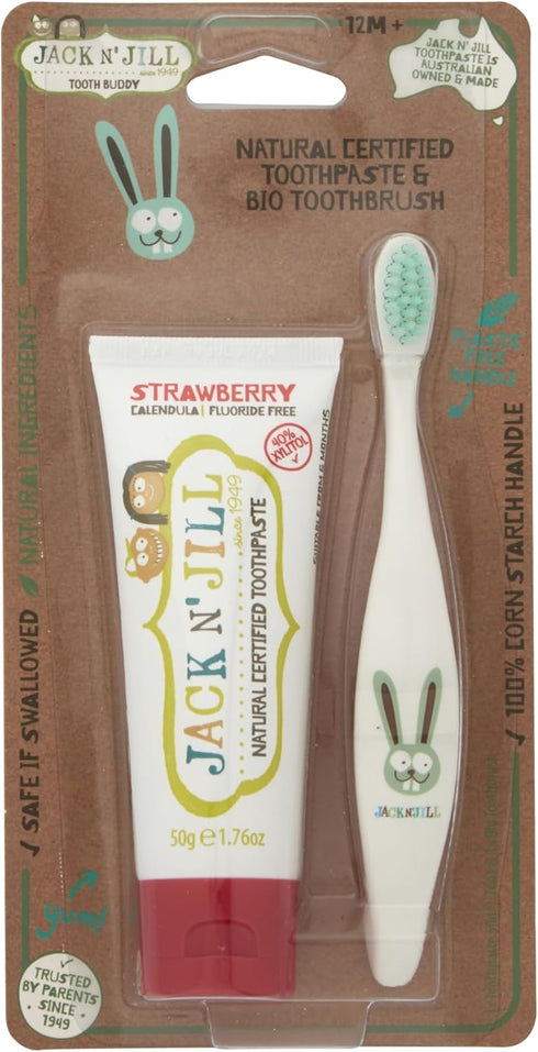 Jack N' Jill Tooth Buddy Combo Pack: Toddler Toothbrush & Strawberry Toothpaste Kit - Organic Fruit Flavor