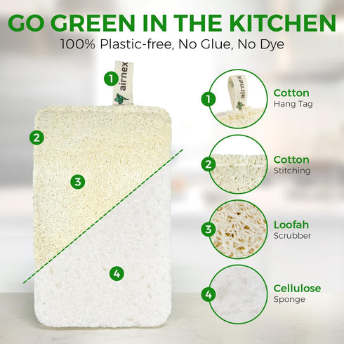 Pack 6 AIRNEX Natural Loofah Sponges for Dishes - of Plastic Free Loofah Kitchen Sponges with Cellulose Core & Cotton