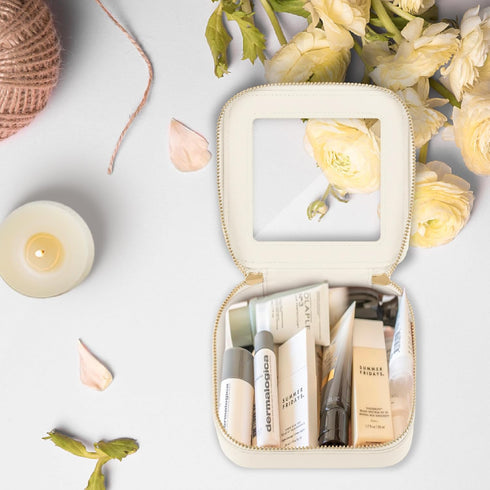 Prite Small Makeup Bag for Women, Portable Clear Cosmetic Bag with Gold Zipper (Beige)