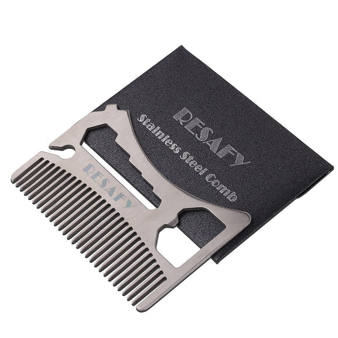 Resafy Pocket Comb for Men, Thickening Stainless Steel Razor Comb, Beard Wallet Comb with Bottle Opener & Screwdriver