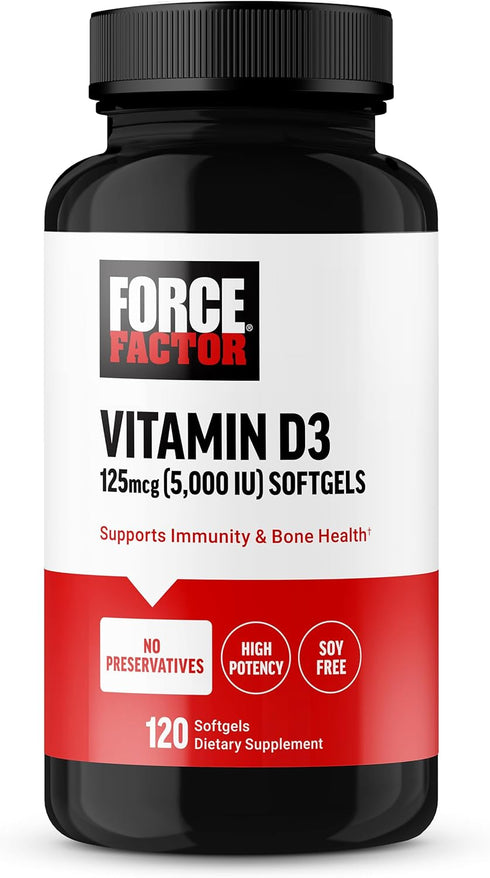 FORCE FACTOR Vitamin D3 5000 IU Softgels - 120 High-Potency Softgels for Immunity & Bone Health, No Preservatives