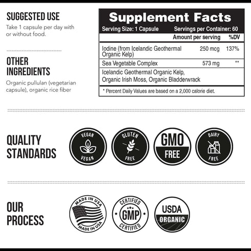 Organic Iodine Supplement from Sea Vegetable Complex - 250 mcg, Whole Food & Raw Iodine Plus Trace Mineral Complex