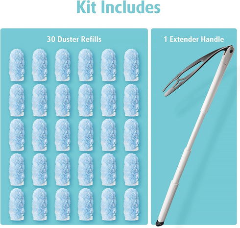 Duster Refills Kit, 30 Count Disposable Microfiber Duster Refills, 360 Heavy Duty Feather Duster with Handle