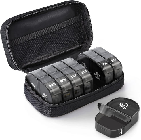 AUVON Canvas Bag Travel Pill Organizer, Large AM/PM Weekly Pill Box with Portable Black Zipper Cloth Bag
