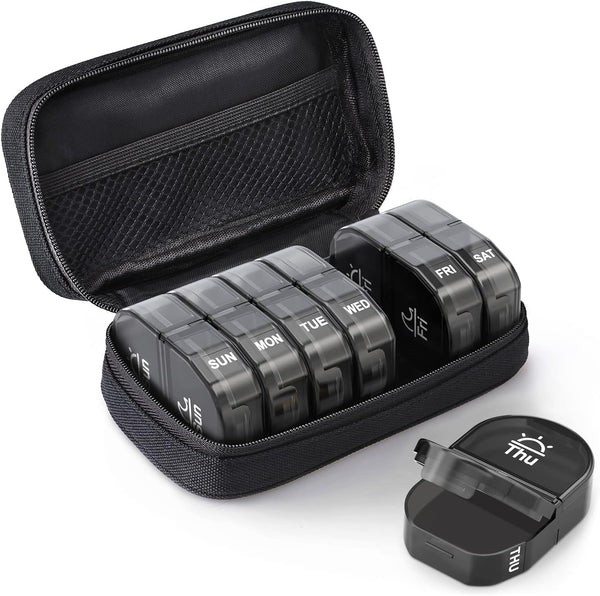 AUVON Canvas Bag Travel Pill Organizer, Large AM/PM Weekly Pill Box with Portable Black Zipper Cloth Bag