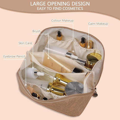 Large Capacity Makeup Bag, Waterproof PU Leather Travel Cosmetic Bag for Women and Girls