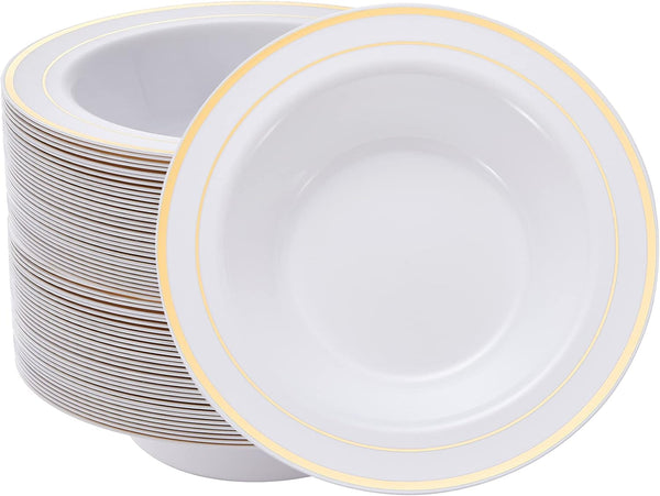N9R 30 Pack Disposable Soup Bowls, 12 Oz Fancy Plastic Bowls with Gold Rim for Parties, Weddings, Everyday Use