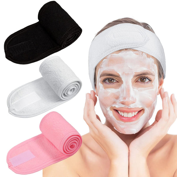 Whaline Spa Facial Headband - Adjustable Terry Cloth Makeup Wrap for Face Washing, Shower, 3 Pieces (White, Black, Pink)