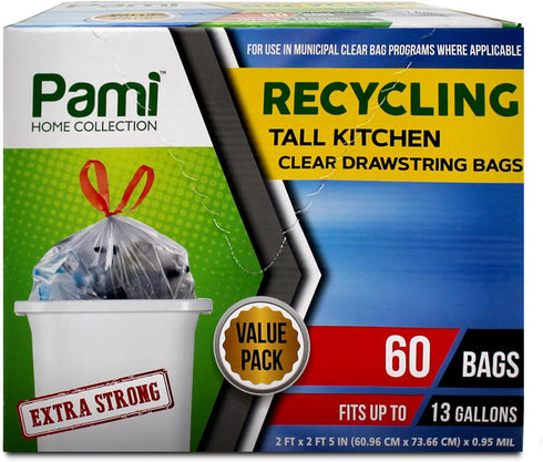 PAMI Recycling Tall 13-Gallon Kitchen Drawstring Trash Bags, Clear, 60 Pack, Extra-Strong Plastic Liners