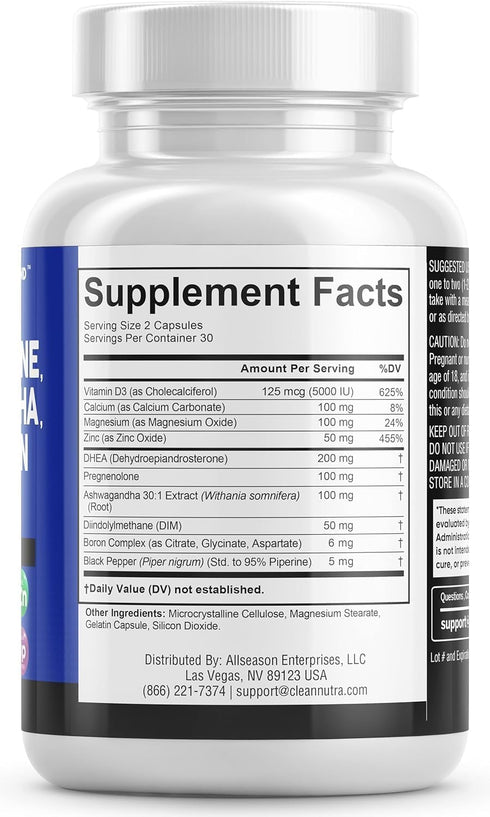 DHEA 200mg Supplement - 60 Ct - Pregnenolone 100mg for Men & Women with DIM, Ashwagandha 3000mg, Boron, Calcium,