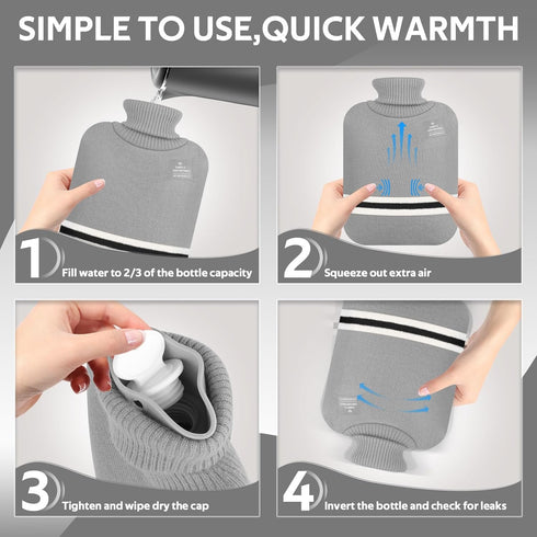 Hot Water Bottle with Cover - 2L Bag for Menstrual Cramps and Pain Relief, Hot and Cold Compress (Gray)
