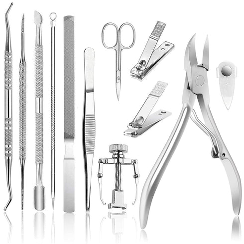 JTIEO 12-Piece Toenail Clippers Set - Heavy Duty Ingrown Toenail Removal Kit with Silver Finish