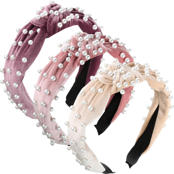 WILLBOND 3 Pieces Knotted Headband Set for Women, Retro Velvet Pearls Hair Accessories (Beige, Pink, Pale Mauve)