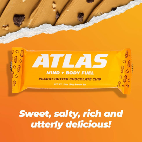 Atlas Protein Bar, 20g Protein, 1g Sugar, Clean Ingredients, Gluten Free (Peanut Butter Chocolate Chip, 12 Count)