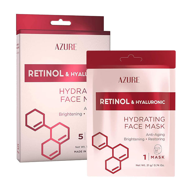 AZURE Retinol & Hyaluronic Acid Anti Aging Facial Sheet Mask - 5 Pack Rejuvenating & Hydrating Face Mask