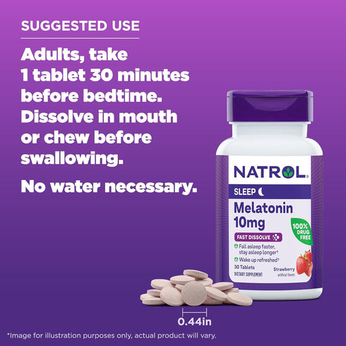 Natrol Sleep Melatonin 10mg Fast Dissolve Tablets, Nighttime Sleep Aid for Adults, 30 Strawberry-Flavored Tablets