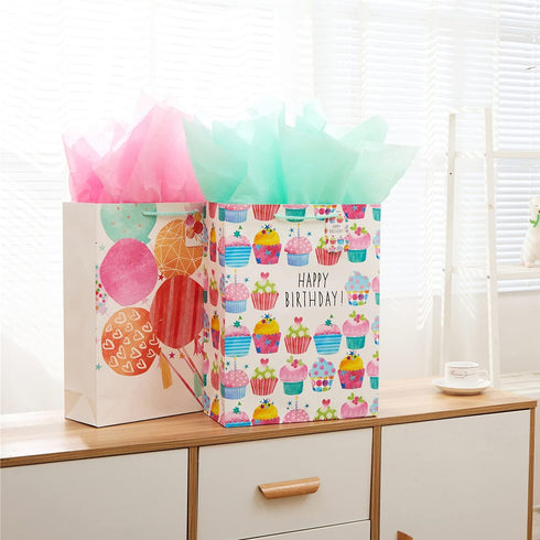 SUNCOLOR 16" Extra Large Gift Bags for Birthday Party with Tissue Paper, 2 Pack, Cupcake Design