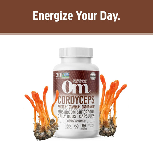 Om Mushroom Superfood Cordyceps Mushroom Capsules Superfood Supplement, 90 Count, 30 Days, Energy, Power, Stamina and Endurance Support, Superfood Supplement for Sports Performance