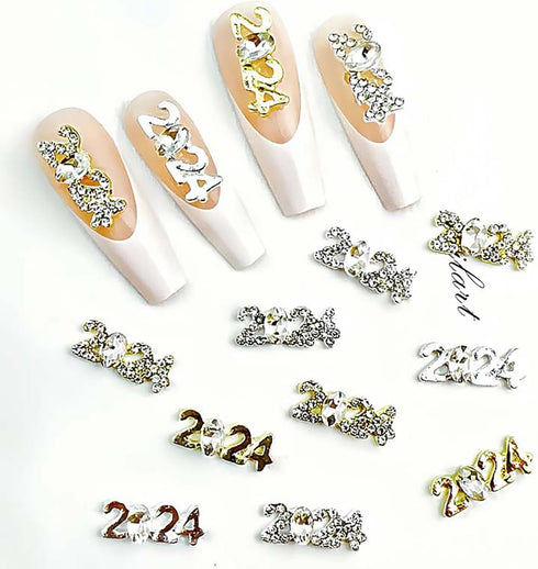 2024 Nail Art Decorations 2024 Number Nail Rhinestone Rivet 3D Alloy Nail Glitter Design Metal Digit Nail Diamond Supplies for Women Girls Manicure Graduation Decorations DIY Jewelry Making Crafts