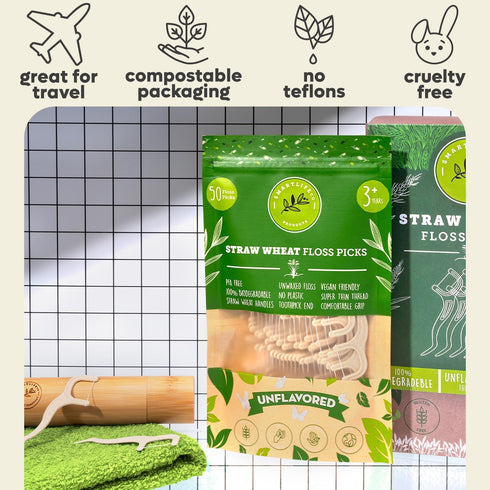 Unflavored Dental Floss Picks, Biodegradable Plastic Free Tooth Flosser for Adults & Kids, Natural Vegan