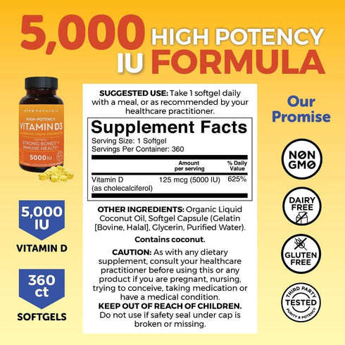 Viva Naturals D3 Vitamin Softgels, 5000 IU (125 mcg), 360 Softgels, High Potency for Immune Function & Bone Health